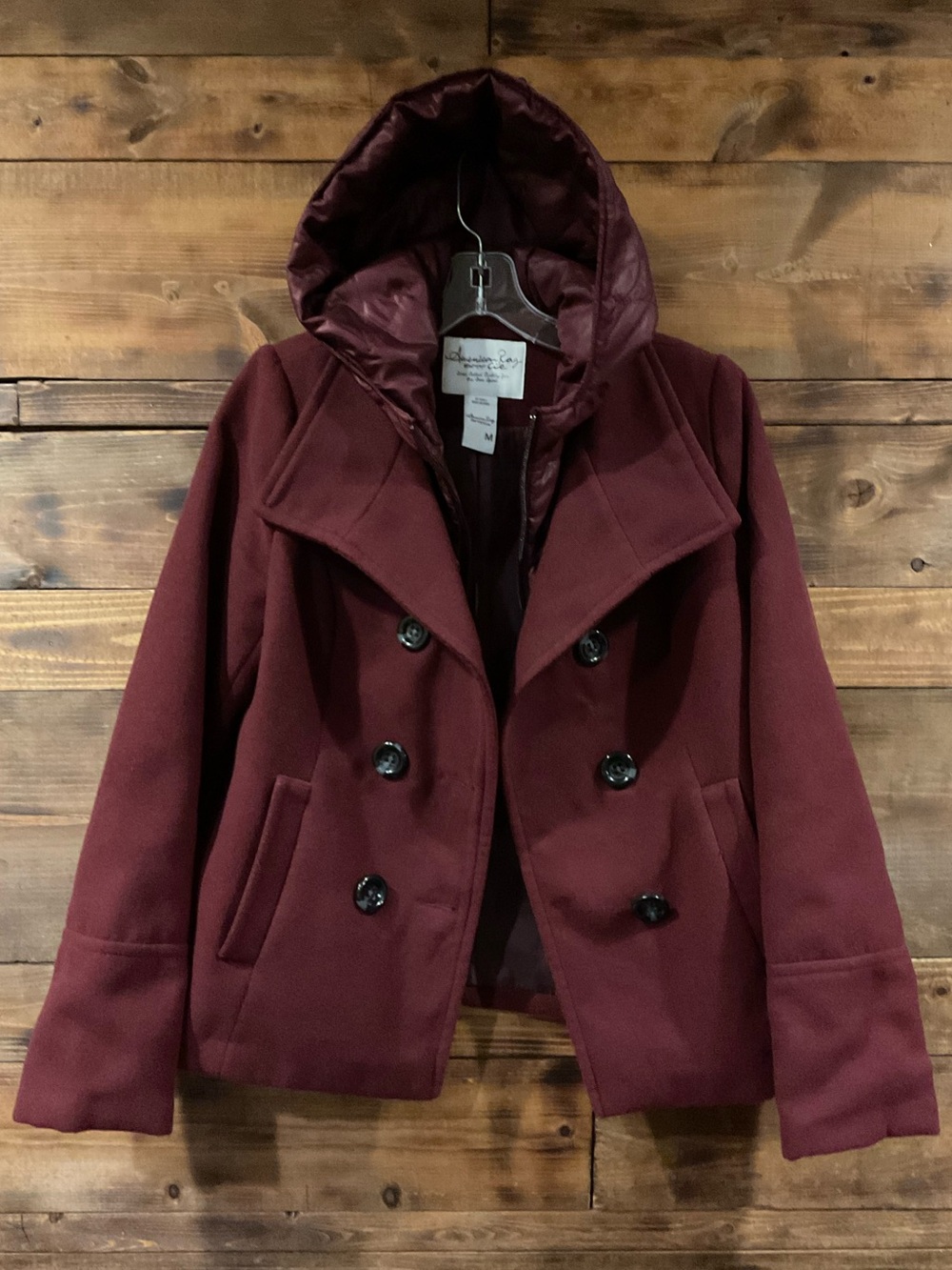 AMERICAN RAG Burgandy Double Breasted Wool Peacoat W/faux puffer & hood Medium
